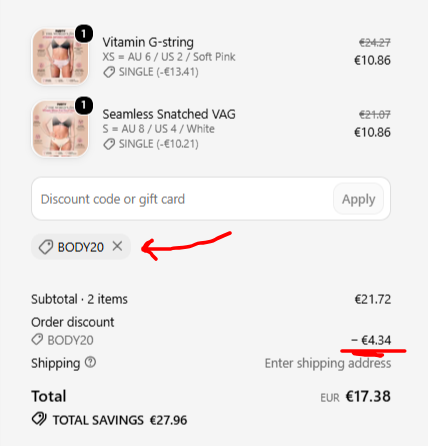 Screenshot from Purty Body checkout page showing the discount code applied and working.