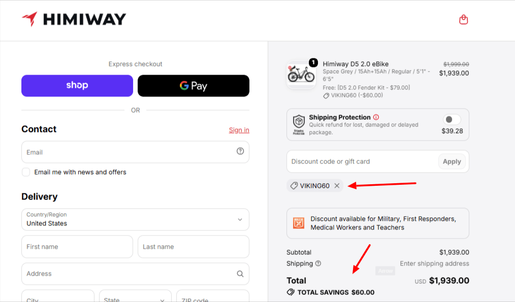 Himiway Checkout showing Viking60 working