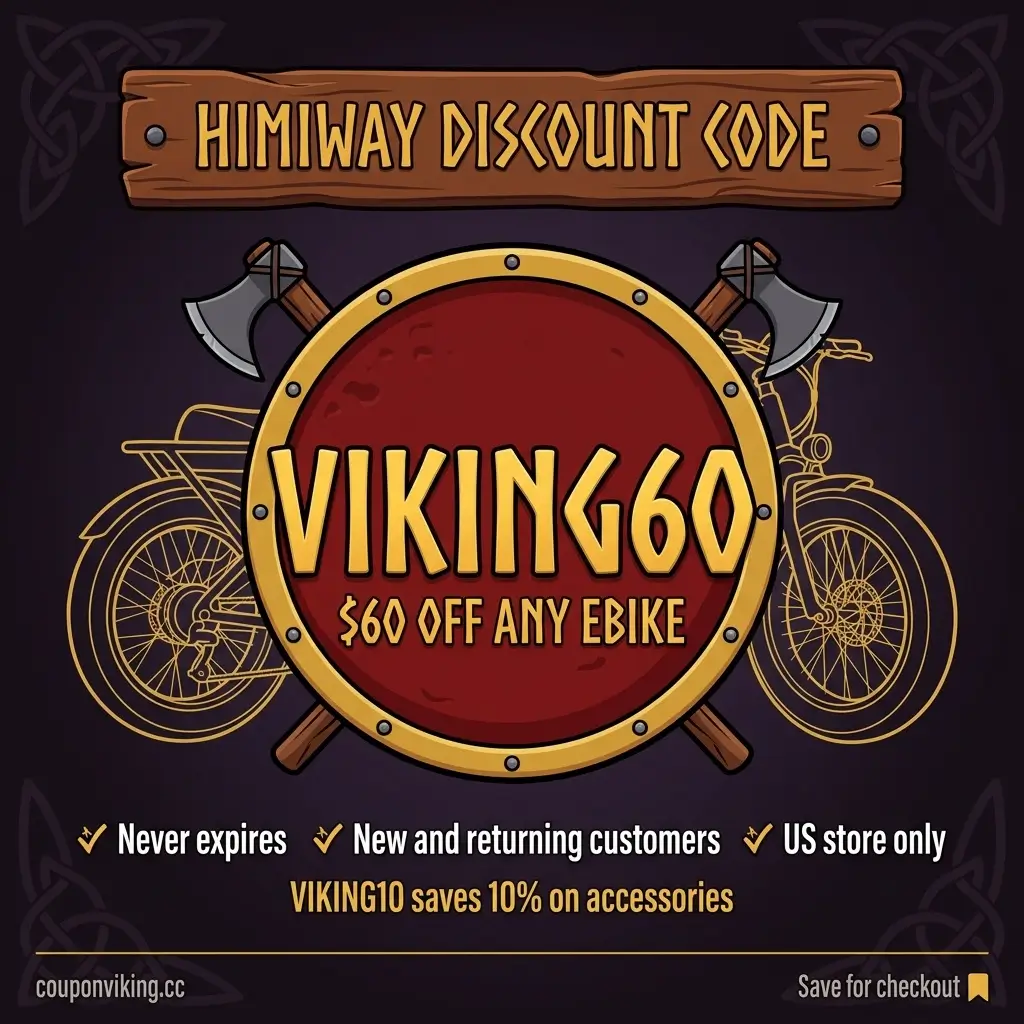 Himiway discount code VIKING60 for $60 off any ebike, shown on a red Viking shield with US store terms