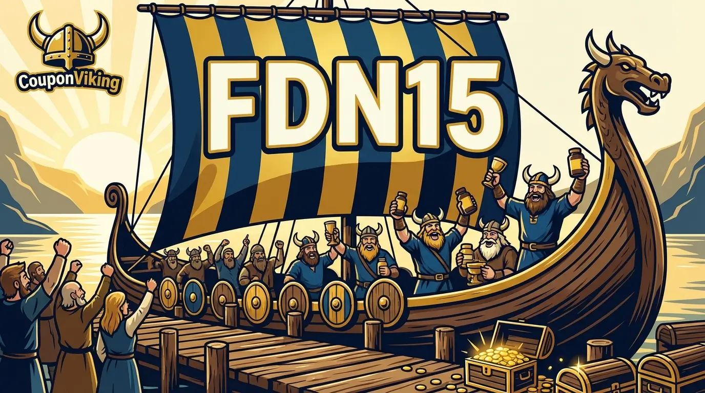 XtendLife discount code FDN15 for 15% off storewide displayed on a Viking ship sail with CouponViking branding