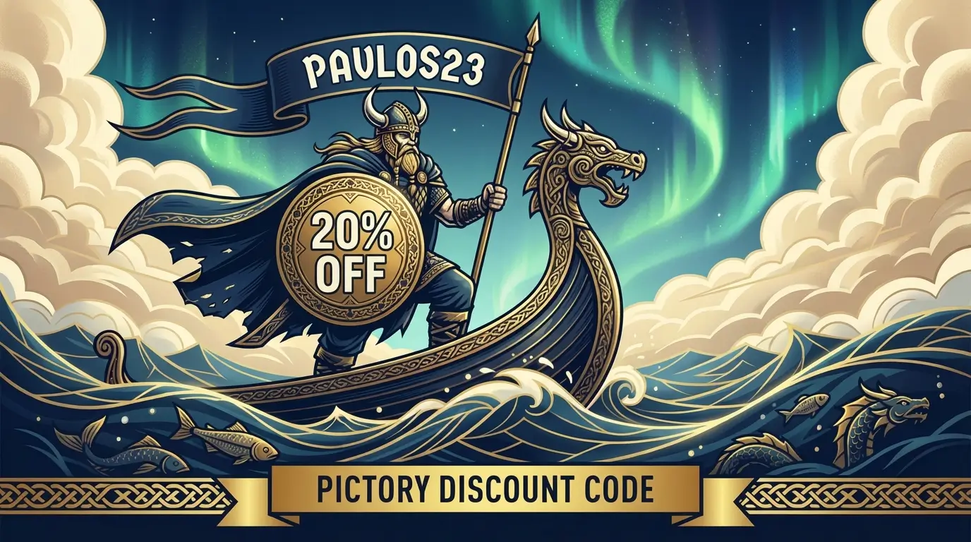 Epic Viking-themed promotional banner for Pictory Discount Code.