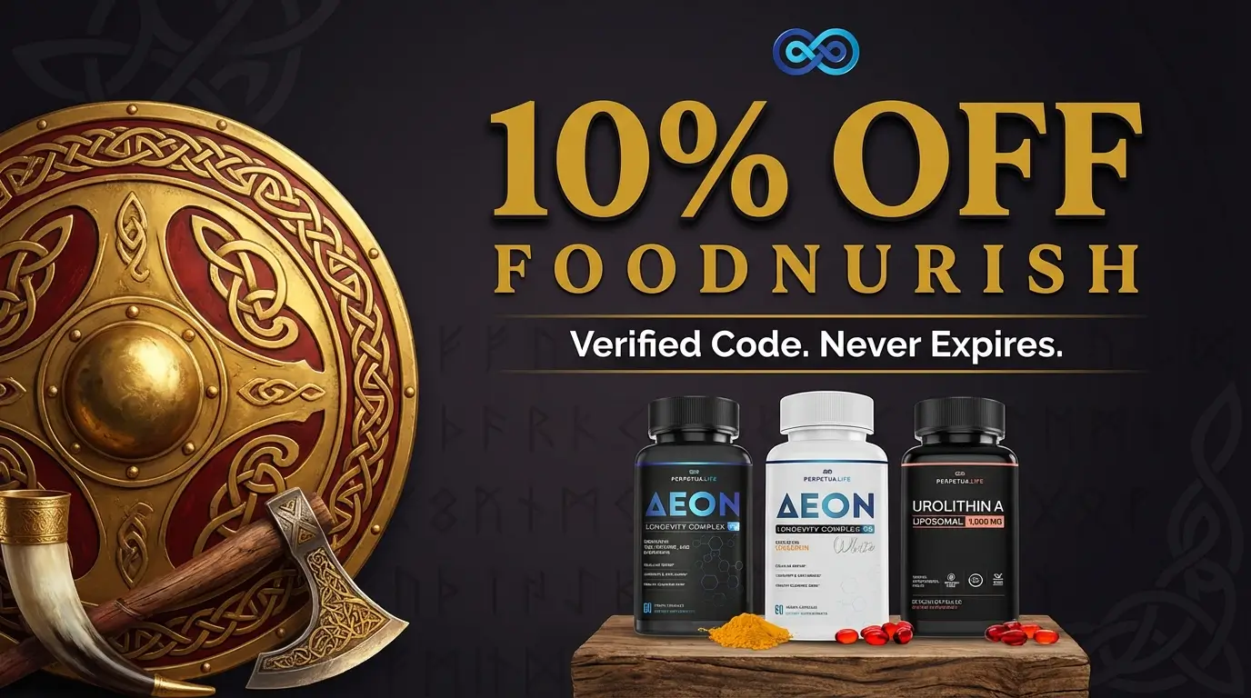 Perpetua Life discount code FOODNURISH for 10 percent off, featuring AEON Black, AEON White, and Urolithin A supplement bottles with Viking shield and axe design elements in gold, red, and brown
