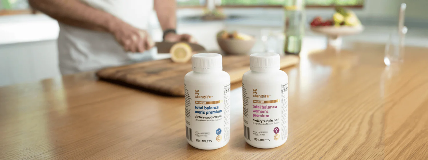 Total Balance Men's Premium and Total Balance Women's supplements on kitchen table