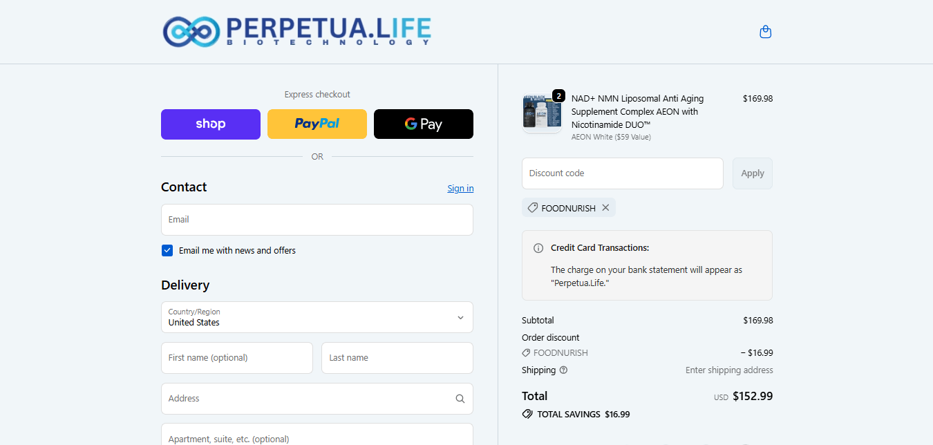 showing how to enter the FOODNURISH discount code at the Perpetua Life checkout page with the 10 percent discount applied to an order