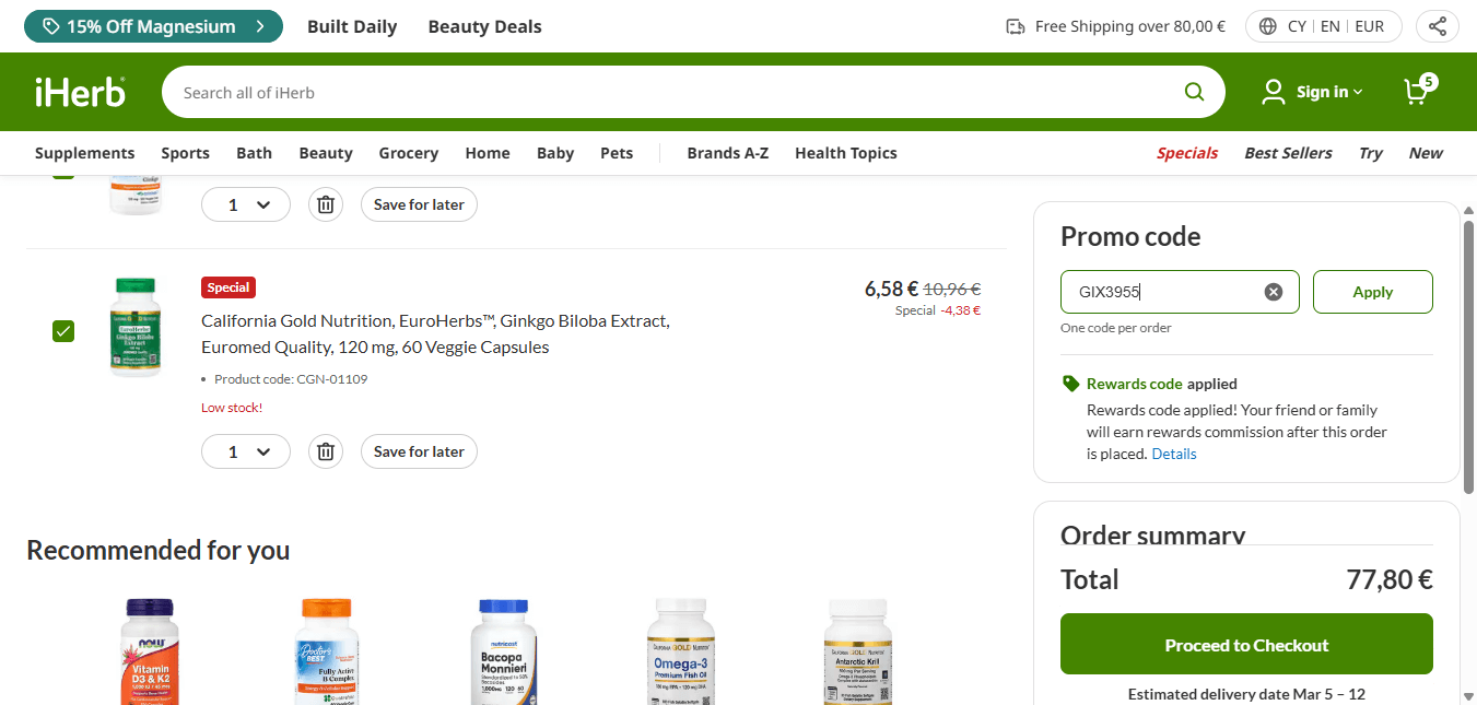 Screenshot from the iHerb discount Code "GIX3955" applied at checkout.