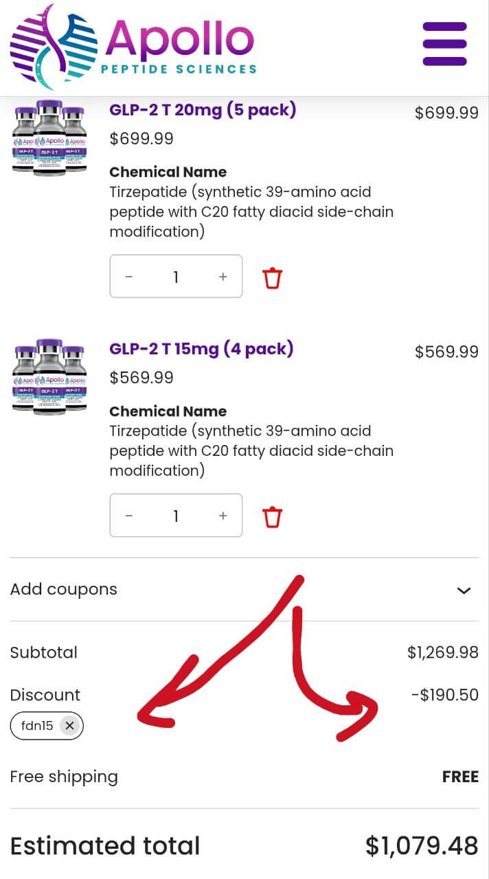 Screenhot from Apollo Peptides Websites showing the discount code FDN15 being applied. Taken from smartphone.