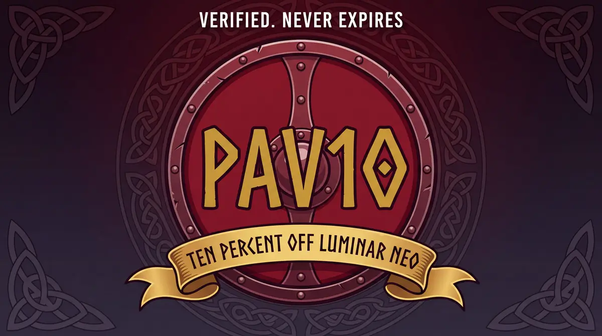 PAV10 Skylum discount code for 10% off Luminar Neo displayed on a Viking shield, verified and never expires