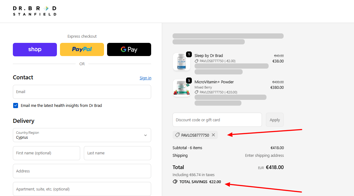 Screenshot from DrStanfield.com's checkout page showing that discount code PAVLOS8777750, actually works.