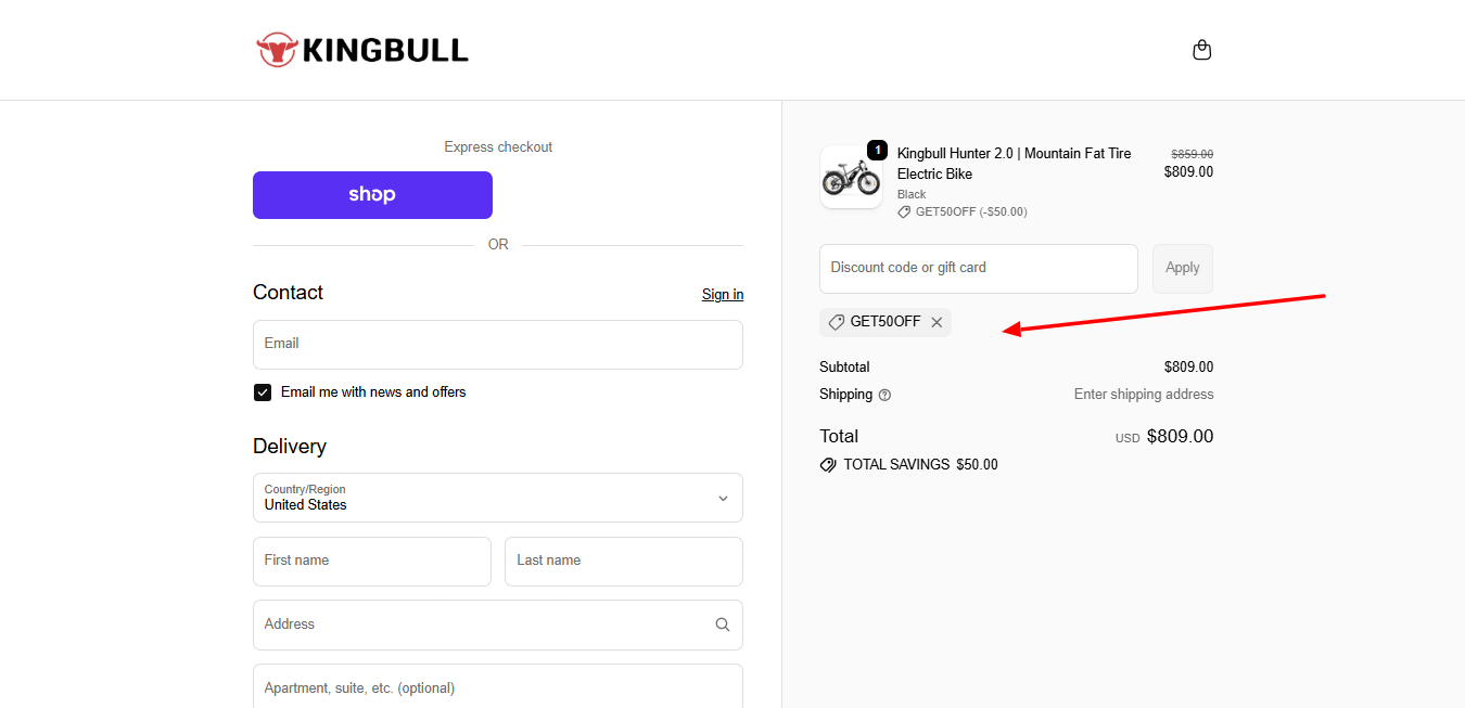 Screenshot from KingBull checkout page that shows the Kingbull discount code GET50OFF works.
