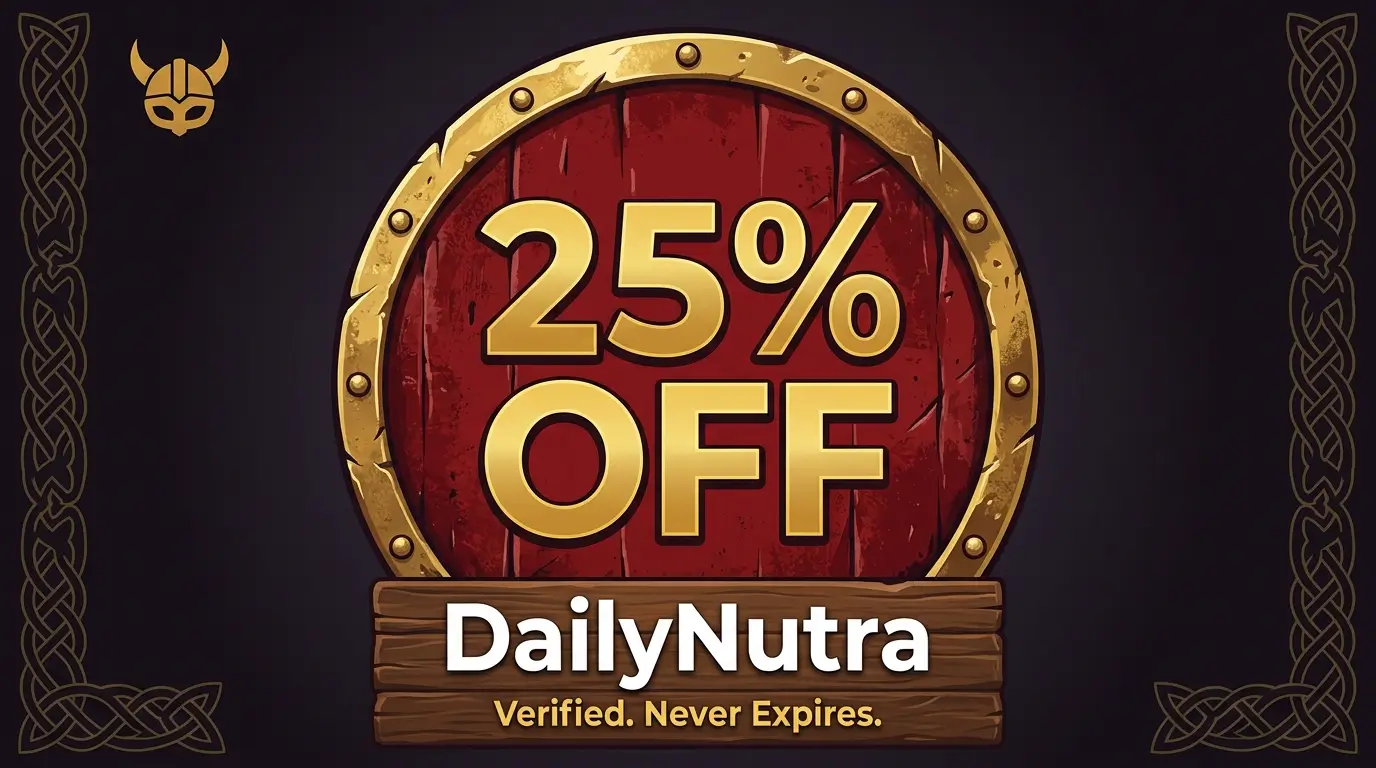 DailyNutra discount code FDN25 for 25% off, verified and never expires, displayed on a Viking-themed shield graphic by Coupon Viking.