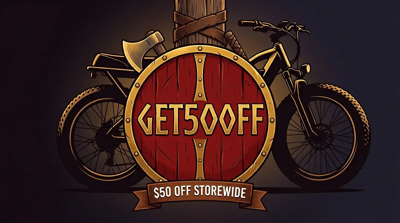 KingBull discount code GET50OFF displayed on a Viking shield illustration with an electric bike silhouette and $50 off storewide banner