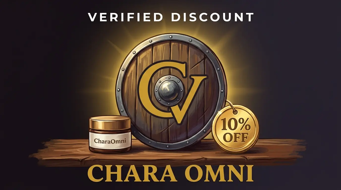 CouponViking verified discount badge for Chara Omni featuring a Viking shield, CharaOmni cream jar, and 10% off tag on a dark background