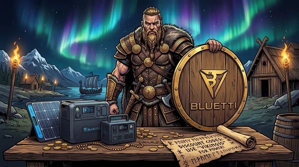 Viking warrior presenting Bluetti portable power stations and discount codes on a merchant table with gold coins and a golden shield
