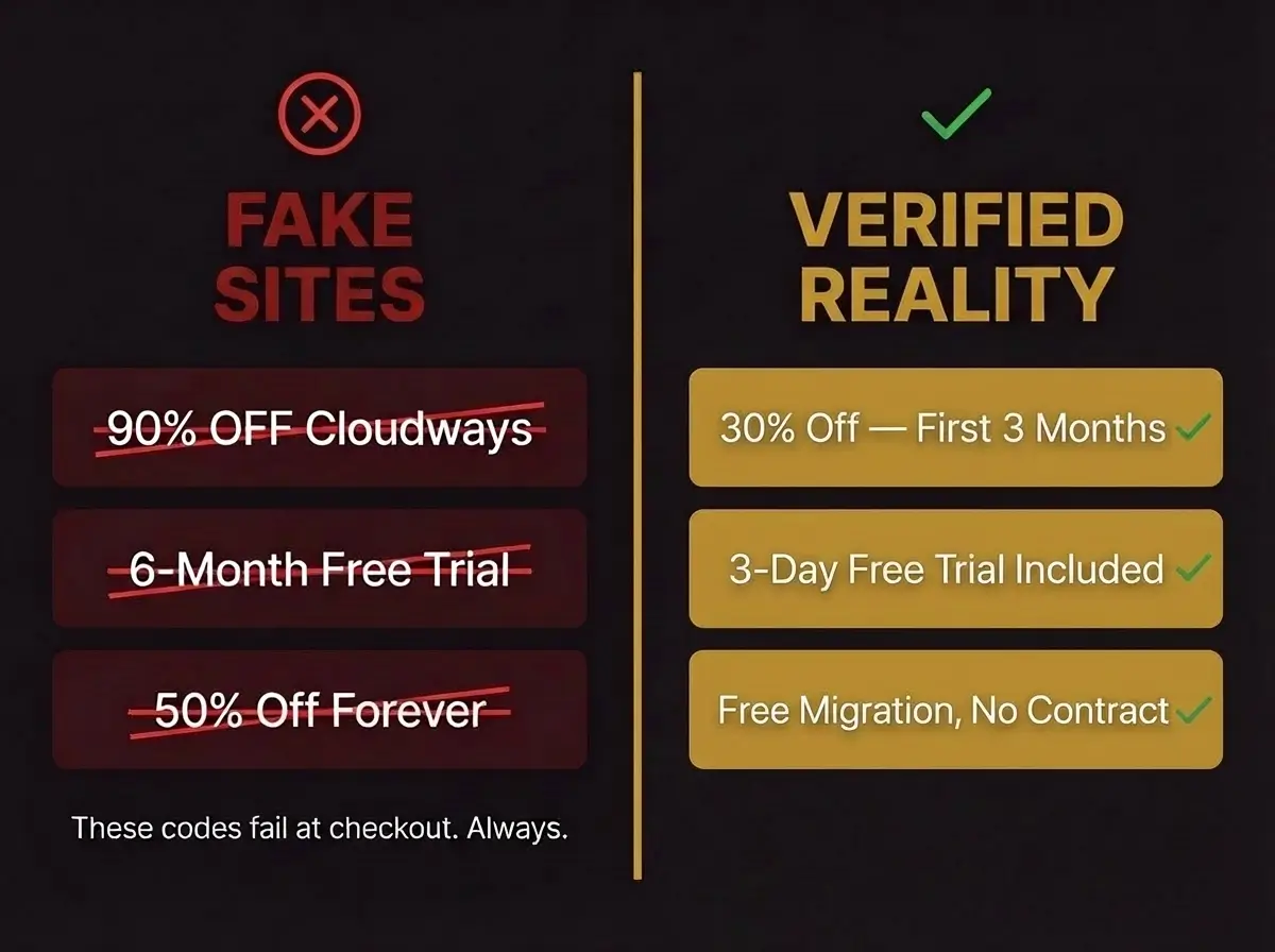 Fake vs real Cloudways coupon comparison showing 90% off claims are fake and 30% off is the maximum verified discount