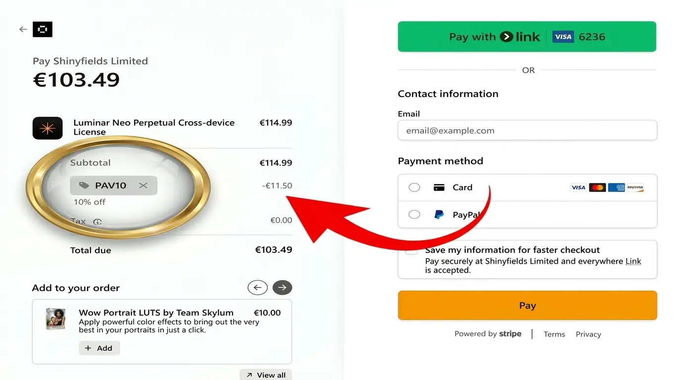 Screenshot from Skylum.com website showing the Luminar NEO discount code being applied successfully