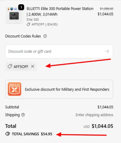 Annotated diagram showing where to enter a Bluetti discount code on the checkout page with the discount code input box highlighted