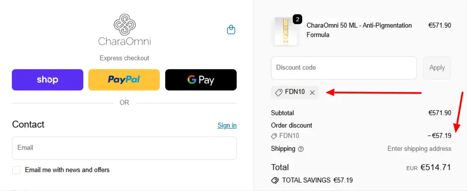 Screenshot from CharaOmni.com's checkout page where the discount code FDN10 is shown to work.