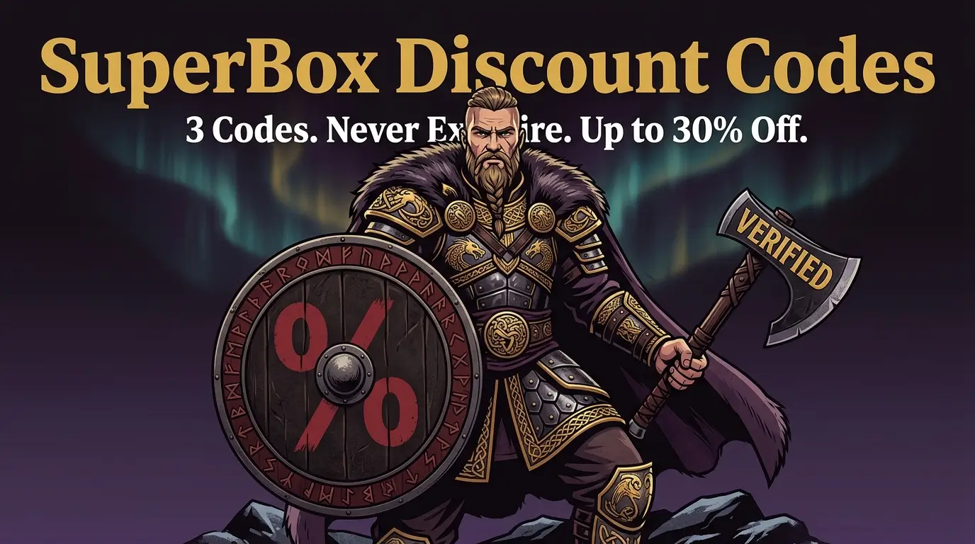 SuperBox discount codes verified by CouponViking, illustrated in Viking style with shield and axe