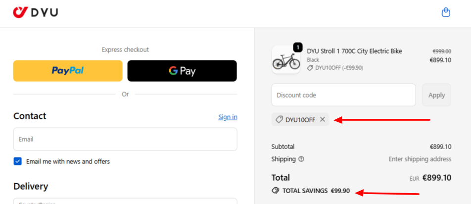Annotated screenshot from DYU checkout page showing that the discount code DYU10OFF works.