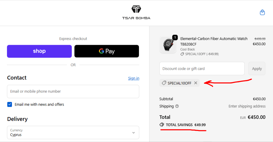 Annotated screenshot from Tsar Bomba's checkout page showing the discount code SPECIAL10OFF being applied and working.