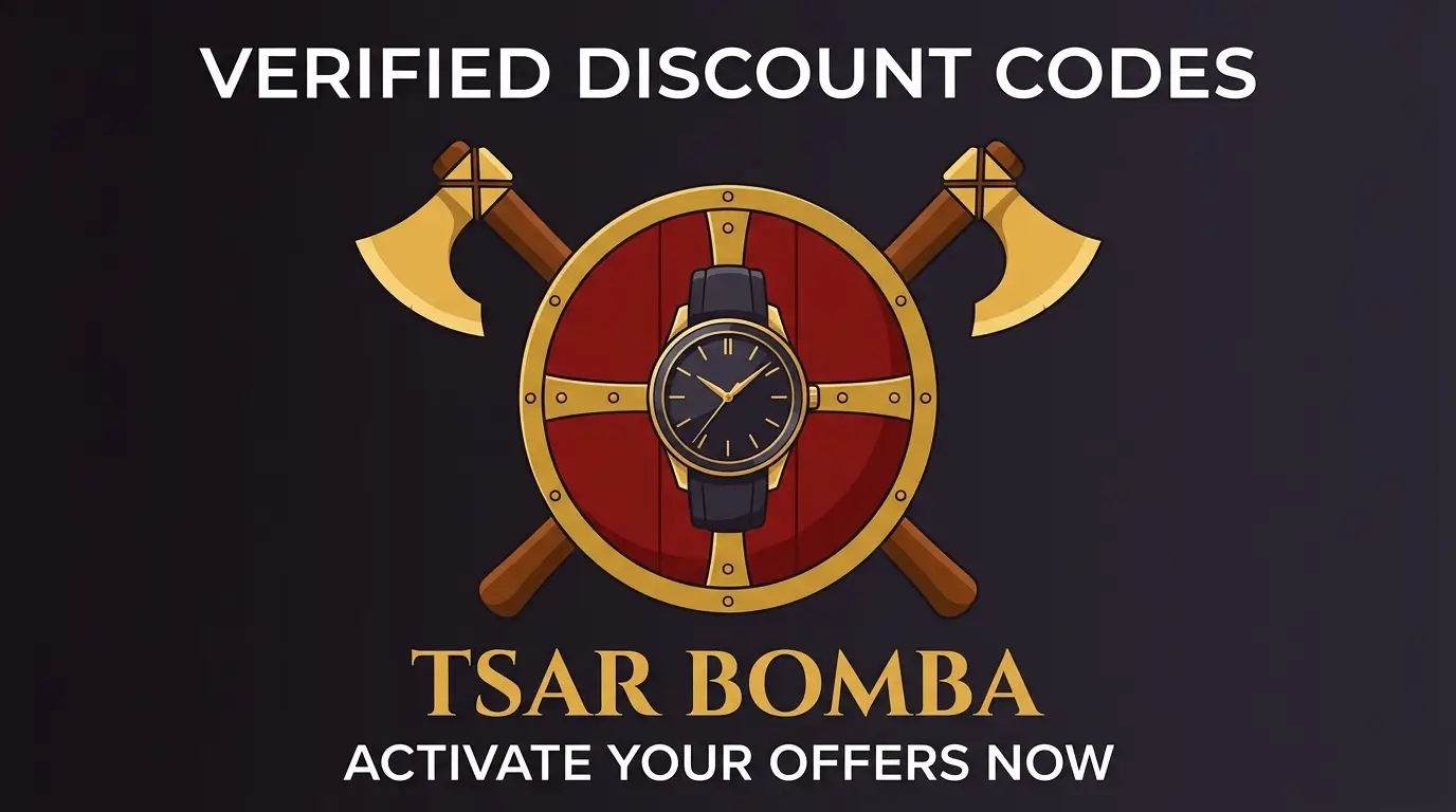 Tsarbomba discount code featured image showing a Viking shield with a luxury watch and the text Verified Discount Codes for Tsar Bomba on couponviking.cc