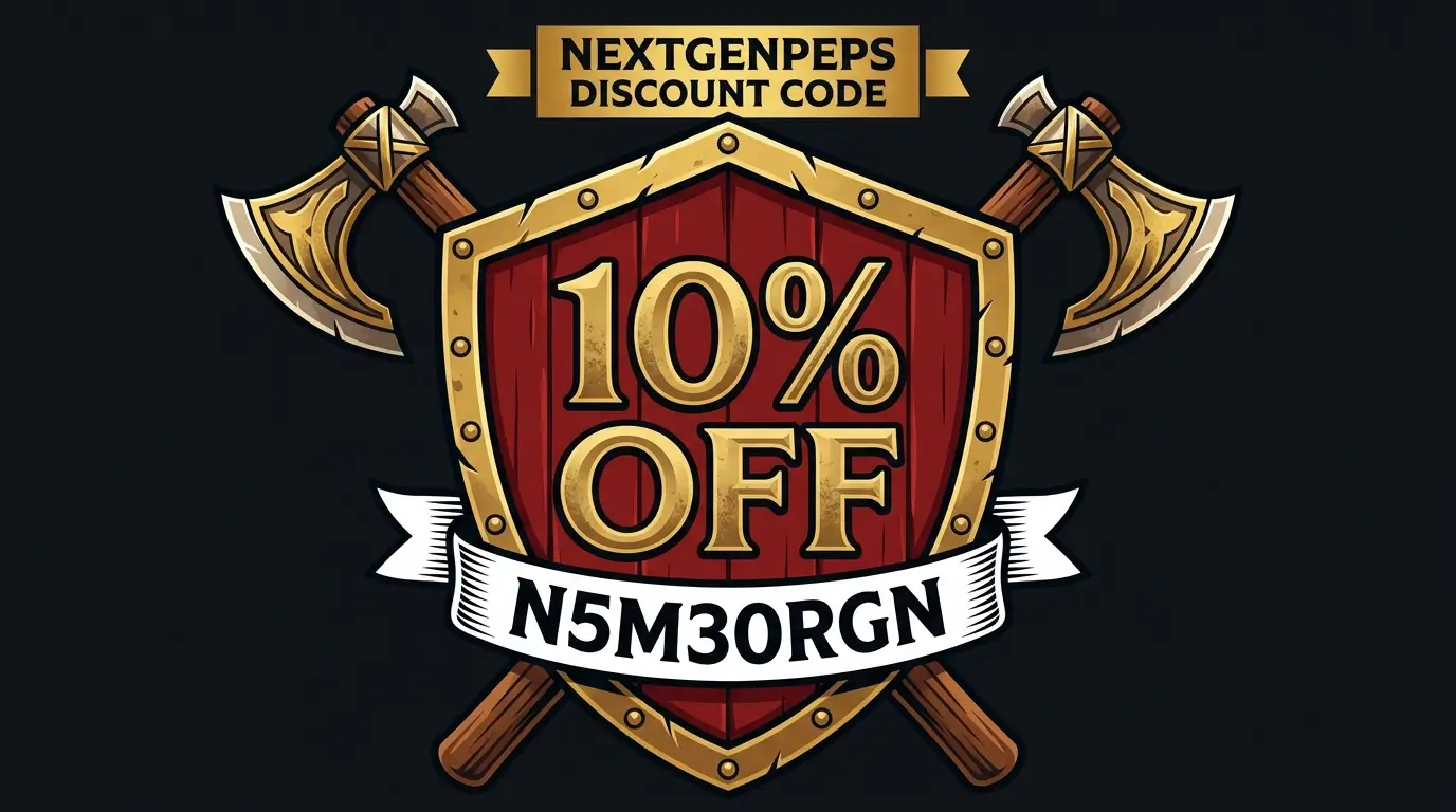 NextGenPeps discount code N5M30RGN displayed on a Viking shield graphic offering 10 percent off storewide