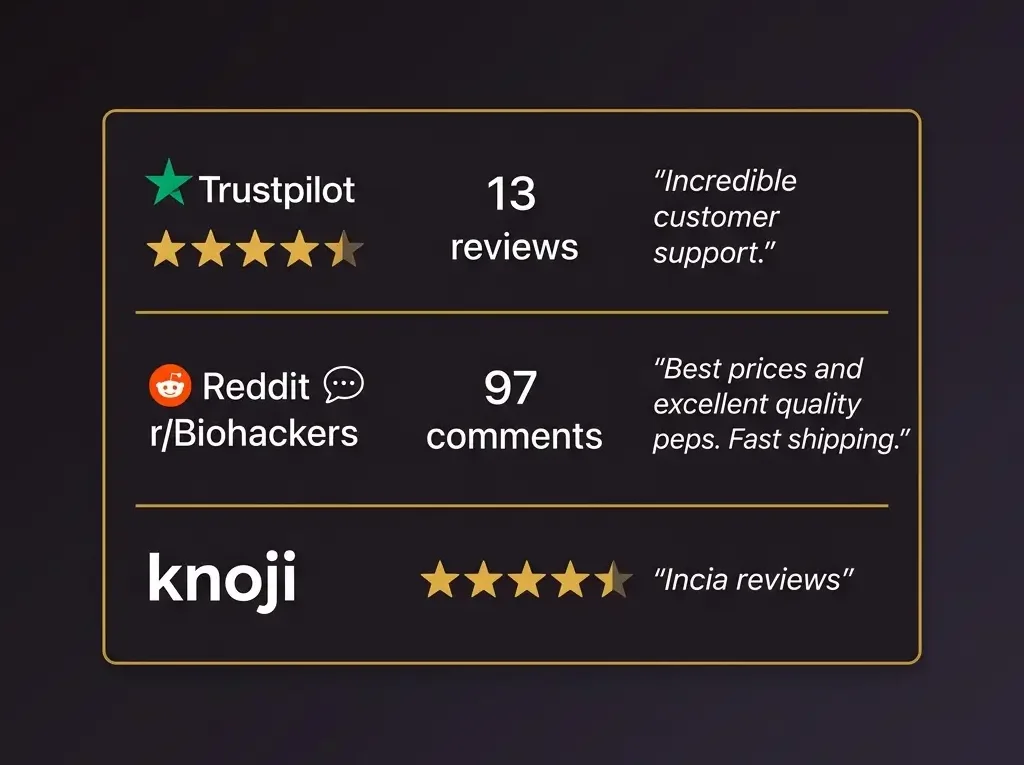 Review summary showing NextGenPeps ratings on Trustpilot at 4.1 stars from 13 reviews and Reddit r/Biohackers with 97 comments and Knoji at 2.5 stars from 62 ratings