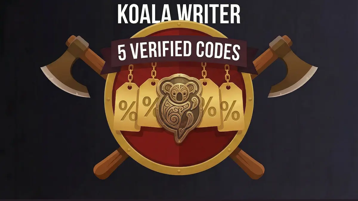Viking shield with five golden discount tags representing five verified Koala Writer discount codes that never expire