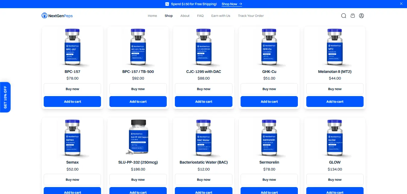 Screenshot from NextGenPeps Shop Page showing various peptide products available for purchase