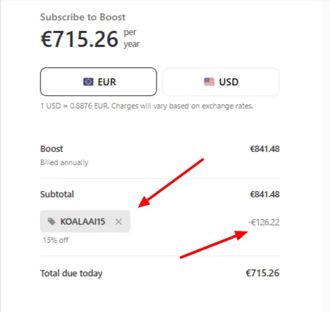 Annotated checkout screenshot showing where to enter Koala Writer promo code KOALAAI15 for 15% off