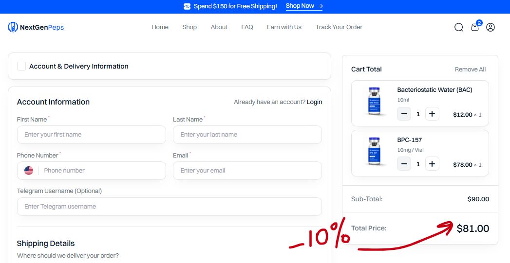 Screenshot from NextGenPeps showing the discount code has applied 10% discount on the order.