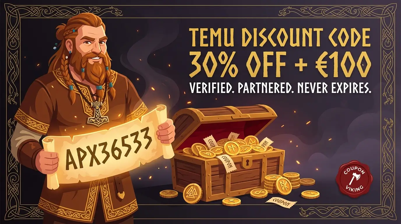 Viking merchant holding a parchment scroll with Temu discount code apx36533, beside a treasure chest of gold coins, featured image for Coupon Viking