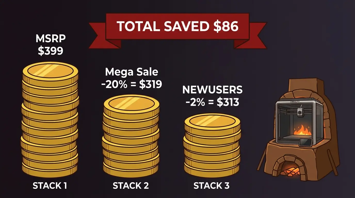 GeekBuying coupon code stacking diagram showing MSRP $399 dropping to $313 after Mega Sale and NEWUSERS code on a Creality K1 3D printer