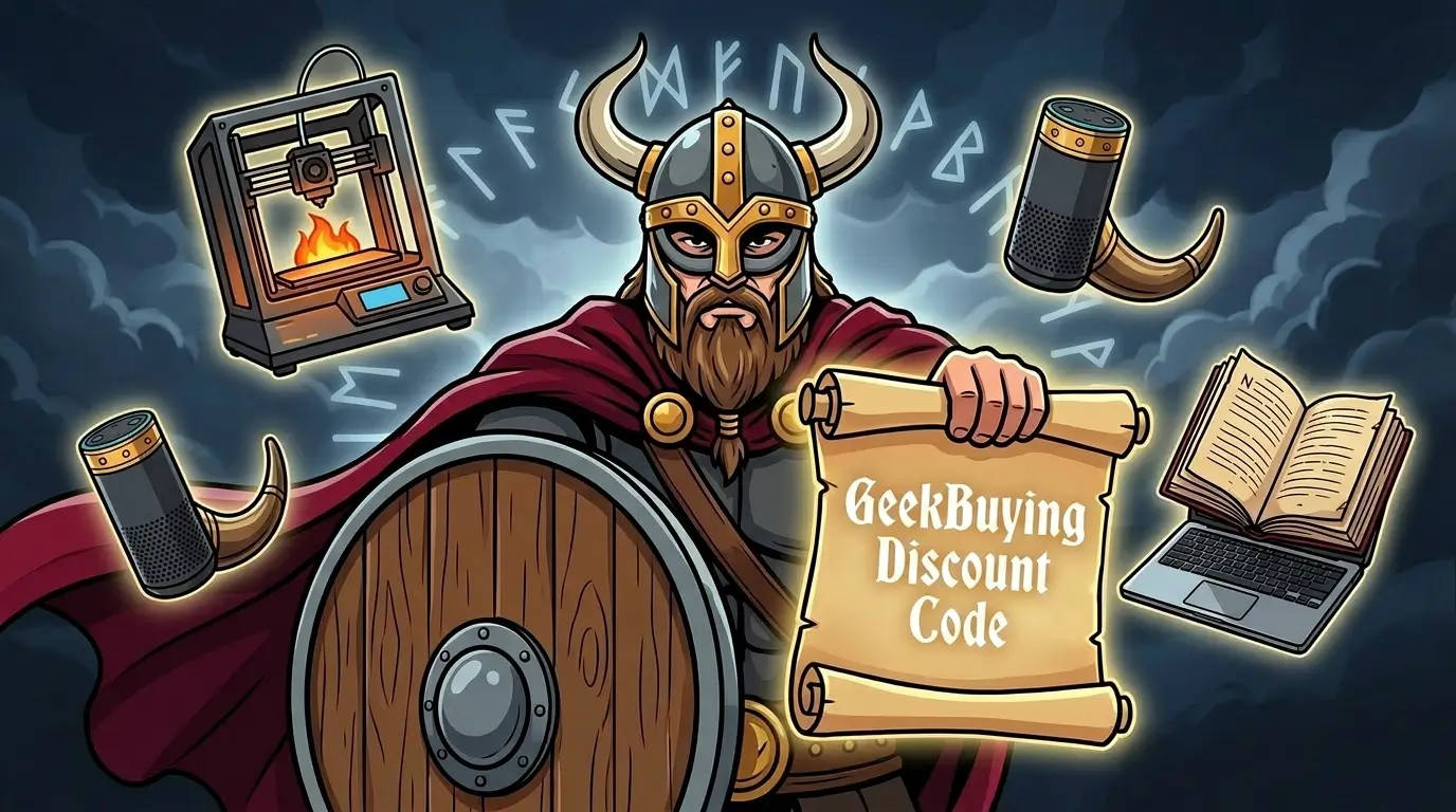 GeekBuying coupon code shown on a Viking scroll held by a warrior with electronics treasure
