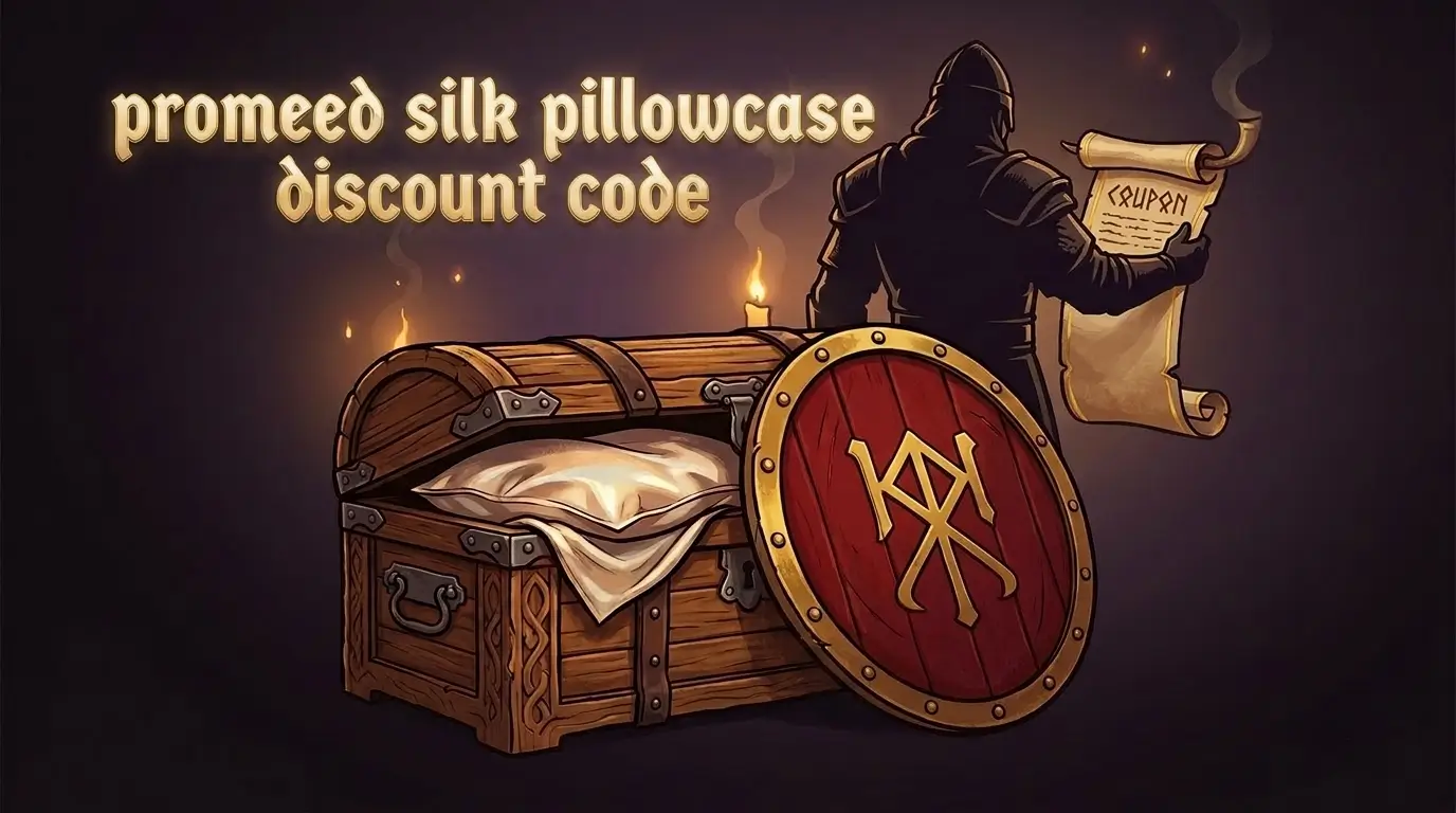 Viking-style illustration of a wooden chest opening to reveal a luxury mulberry silk pillowcase, with a deep red Viking shield and gold rune accents, representing the Promeed silk pillowcase discount code.