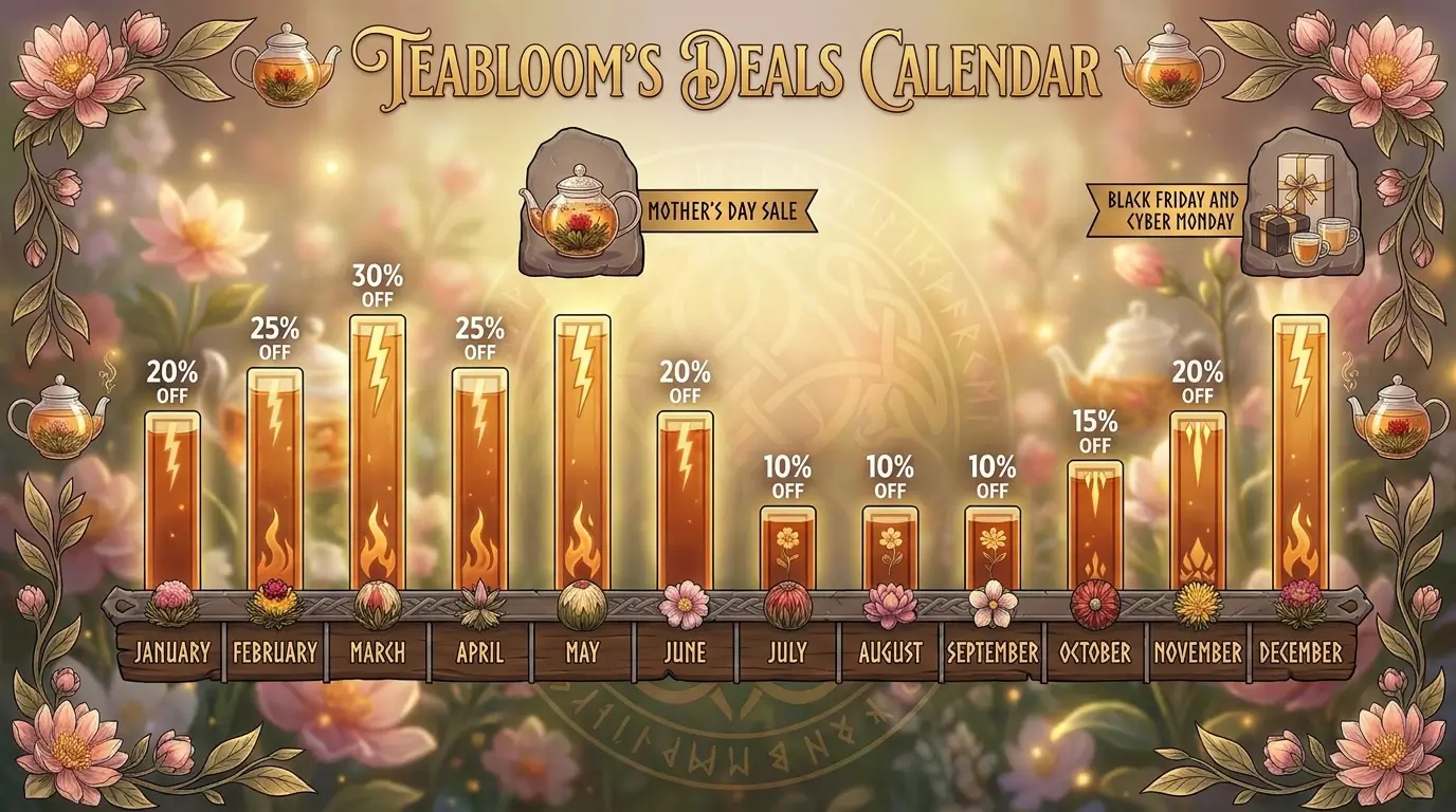 Twelve-month calendar showing when Teabloom drops its biggest discounts, with peaks in May and December