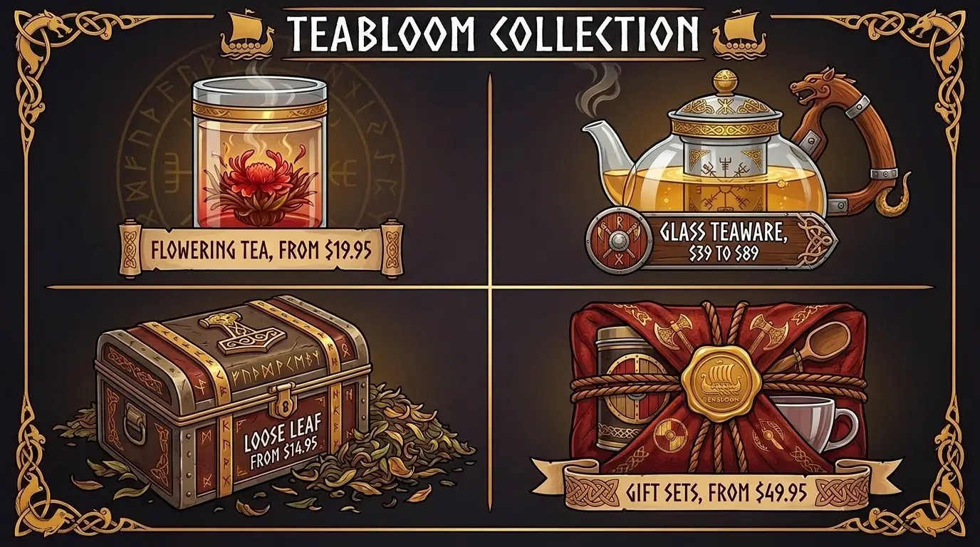 Four Teabloom product categories with prices, flowering tea, glass teaware, loose leaf tea, and gift sets