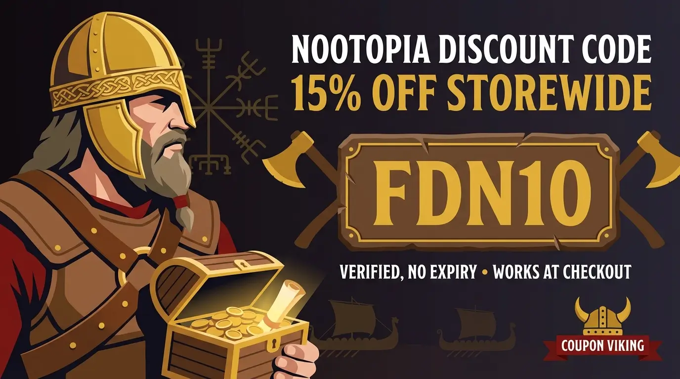 Viking warrior illustration holding a treasure chest beside a rune stone displaying Nootopia discount code FDN10 for 15 percent off storewide.