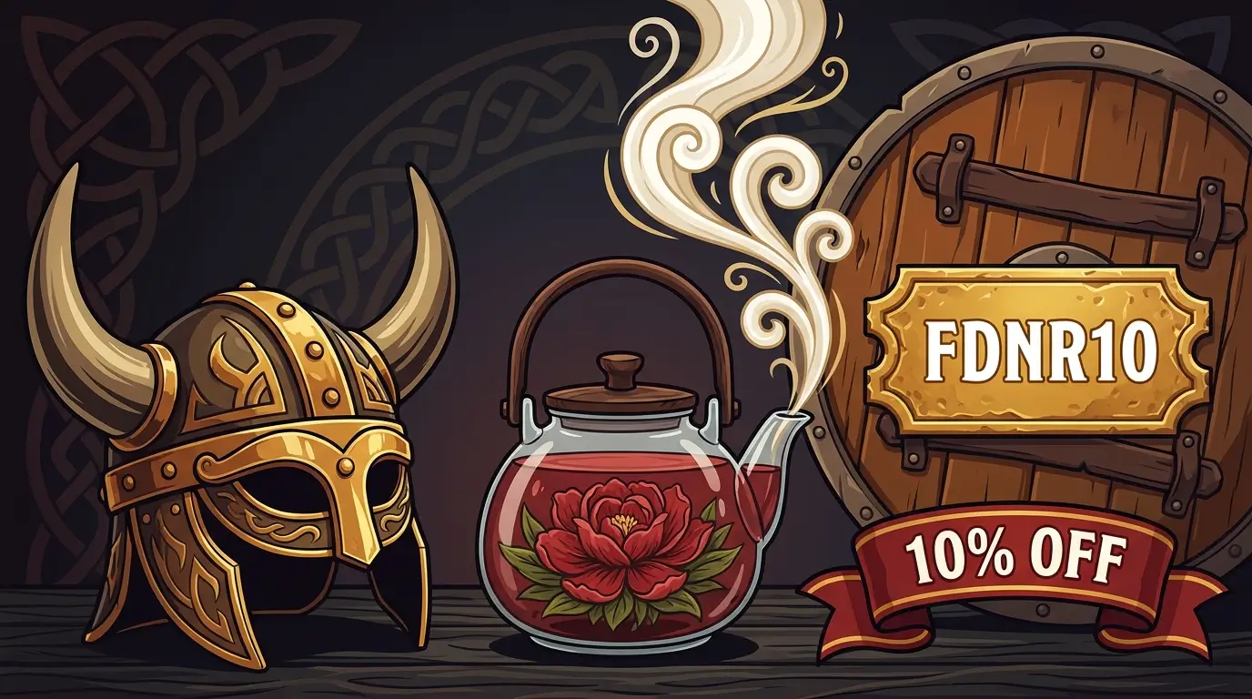 Teabloom discount code FDNR10 illustration featuring a Viking shield, helmet, and flowering tea in a glass teapot