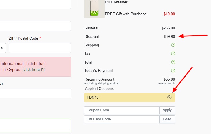 Bioptimizers checkout page showing discount code FDN10 applied with 6 dollar savings on Magnesium Breakthrough order