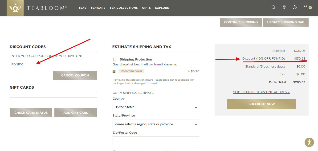The checkout page at Teabloom were it shows the FDNR10 discount code applied.