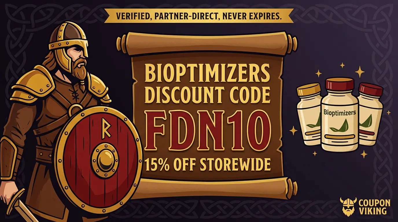 Bioptimizers discount code FDN10 featured image showing Viking warrior with shield and parchment scroll displaying 15 percent off storewide offer