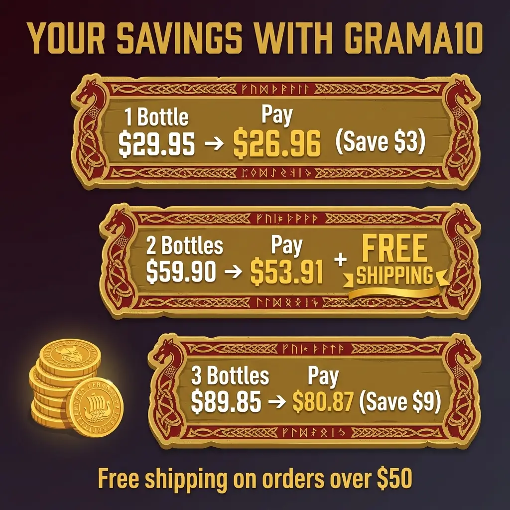 Grama Wellness GRAMA10 savings breakdown showing 10 percent off prices and free shipping over $50