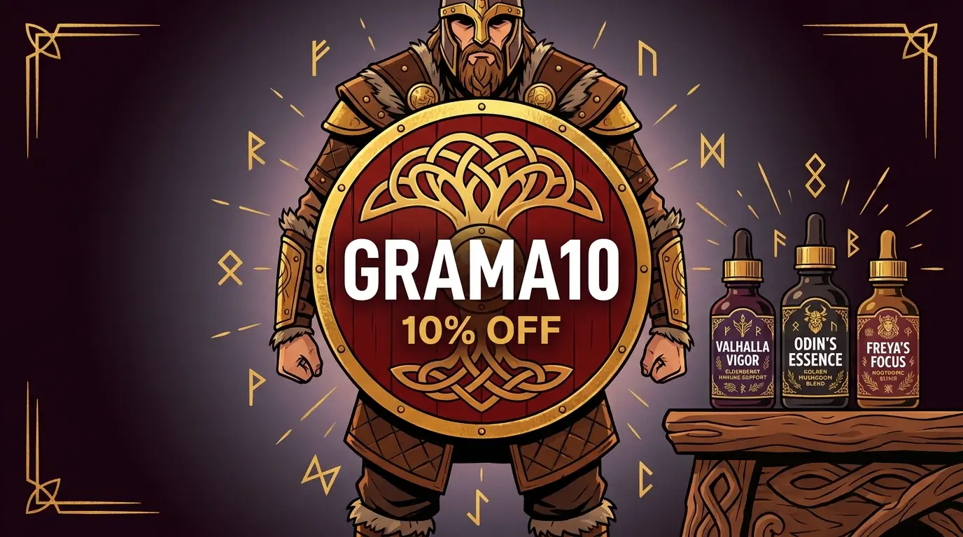 Viking warrior holding a shield with Grama Wellness code GRAMA10 next to organic supplement bottles