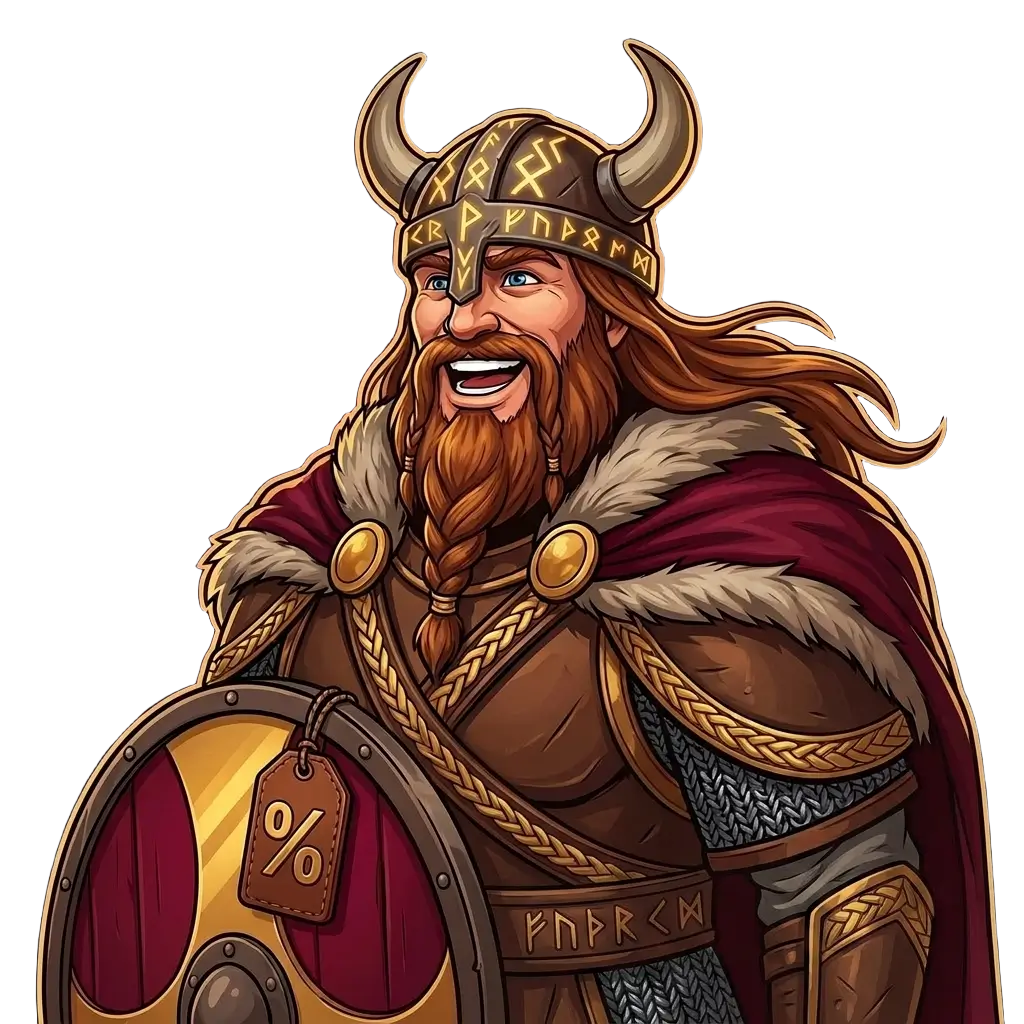 Coupon Viking mascot holding a shield with a discount tag