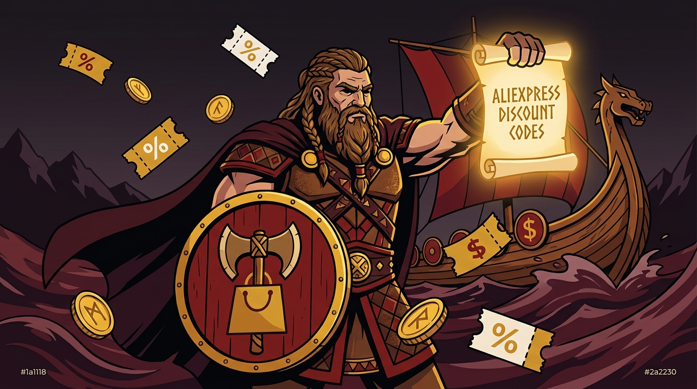 Viking warrior holding scroll labeled AliExpress Discount Codes surrounded by gold coins and coupons