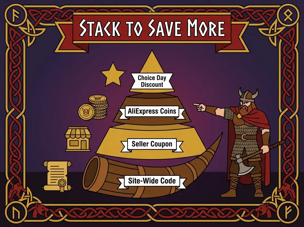 Pyramid infographic showing four stackable AliExpress discount layers site-wide code seller coupon coins and Choice Day