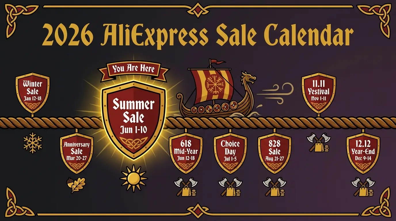 Timeline infographic showing eight AliExpress sale events in 2026 with Summer Sale highlighted as current