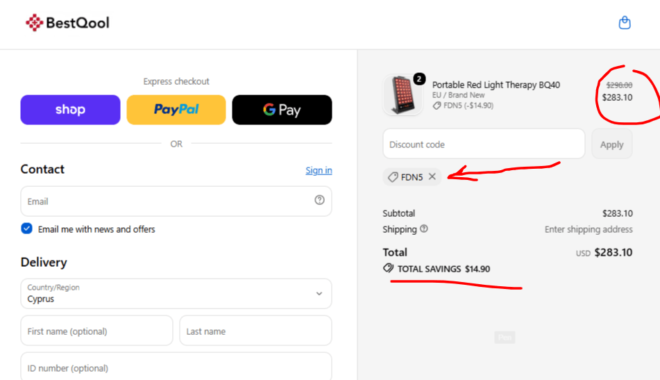 Screenshot from BestQool's websites showing that BestQool discount code FDN5 actually works.