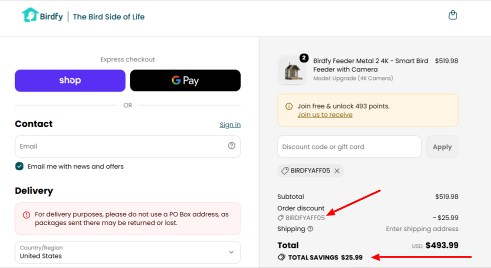 Screenshot from Birdfy checkout page showing discount code applied and working